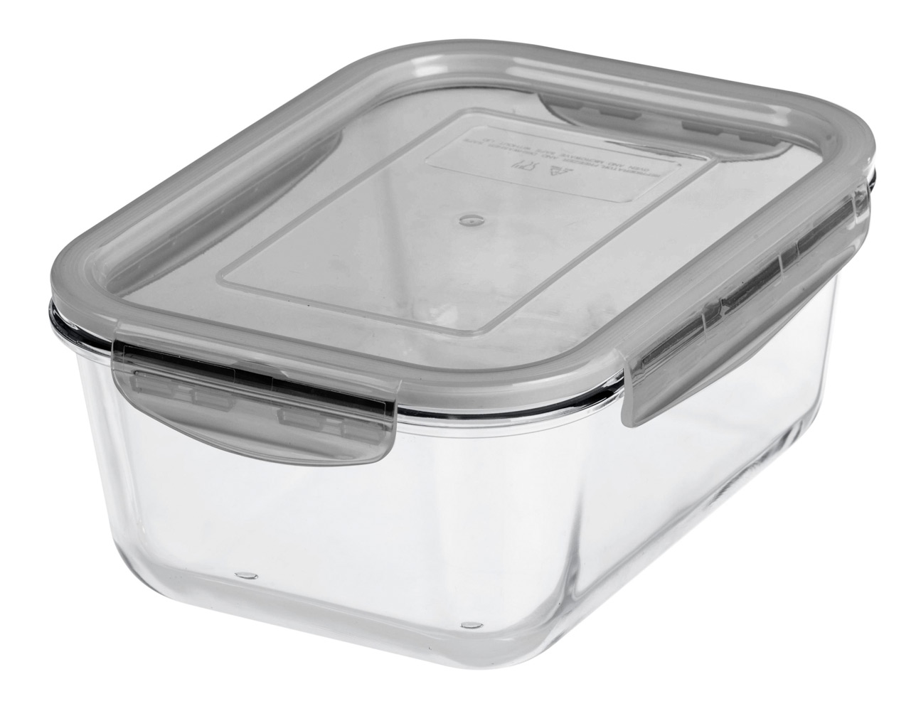 Rechteckige Glasaufbewahrungsbox mit transparentem Deckel. Die Box hat zwei seitliche Verschlüsse.