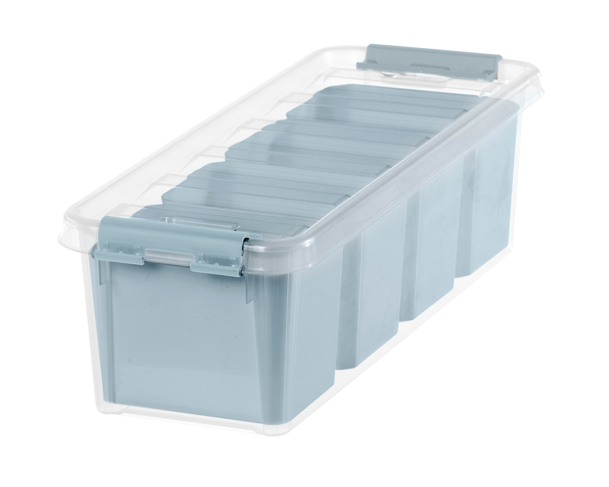 Transparente Aufbewahrungsbox mit blauen Fächern. Deckel mit Clipverschluss.