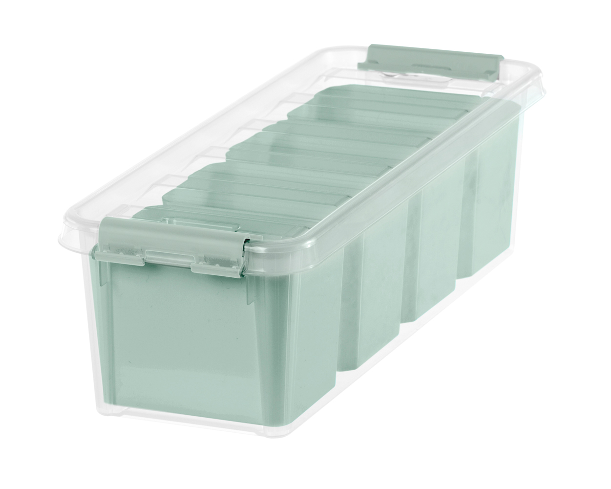 Transparente Aufbewahrungsbox mit grünem Deckel. Die Box hat mehrere Fächer.