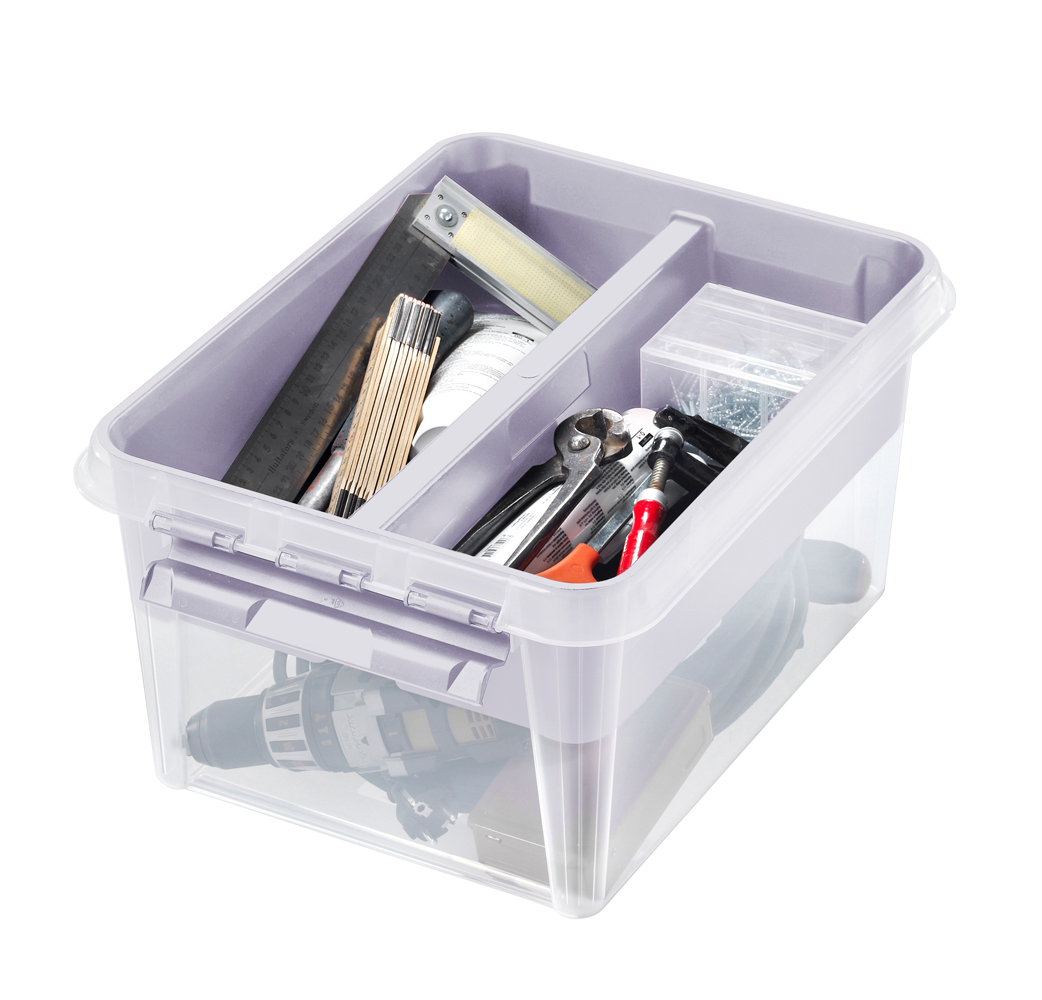 Transparente Aufbewahrungsbox mit Werkzeugen. Enthält Schraubenzieher, Zangen, Maßstab und Kleinteile. Geteilt in zwei Fächer.