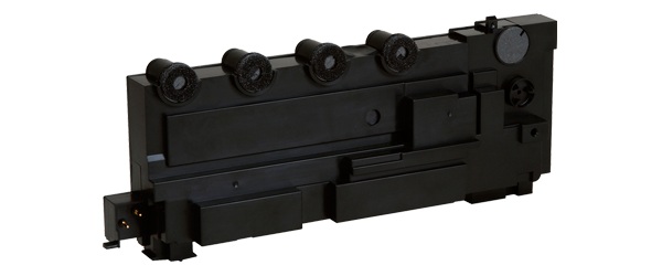 Schwarzes Bauteil mit mehreren runden Öffnungen. Sieht aus wie ein Teil für technische Geräte.