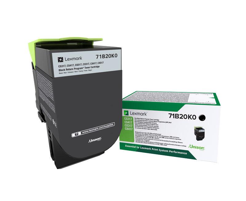 Schwarzer Toner für Lexmark Drucker. Verpackung mit grünen Akzenten.