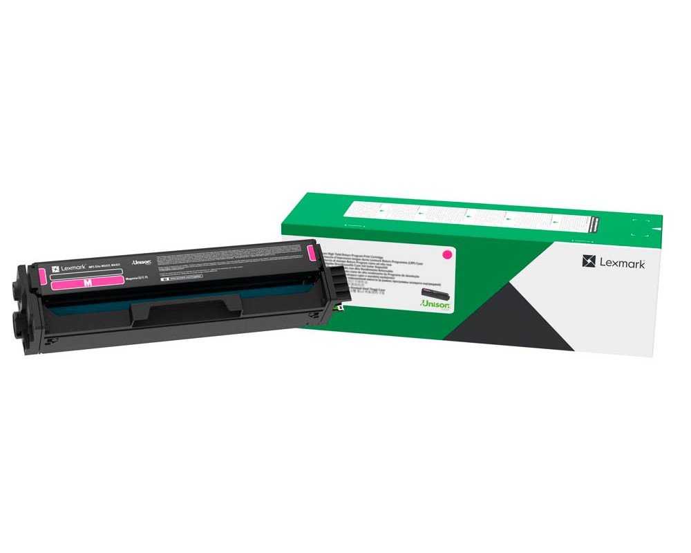 Magenta Toner für Lexmark Drucker. Verpackung in grünem Karton mit schwarzem und weißem Design.