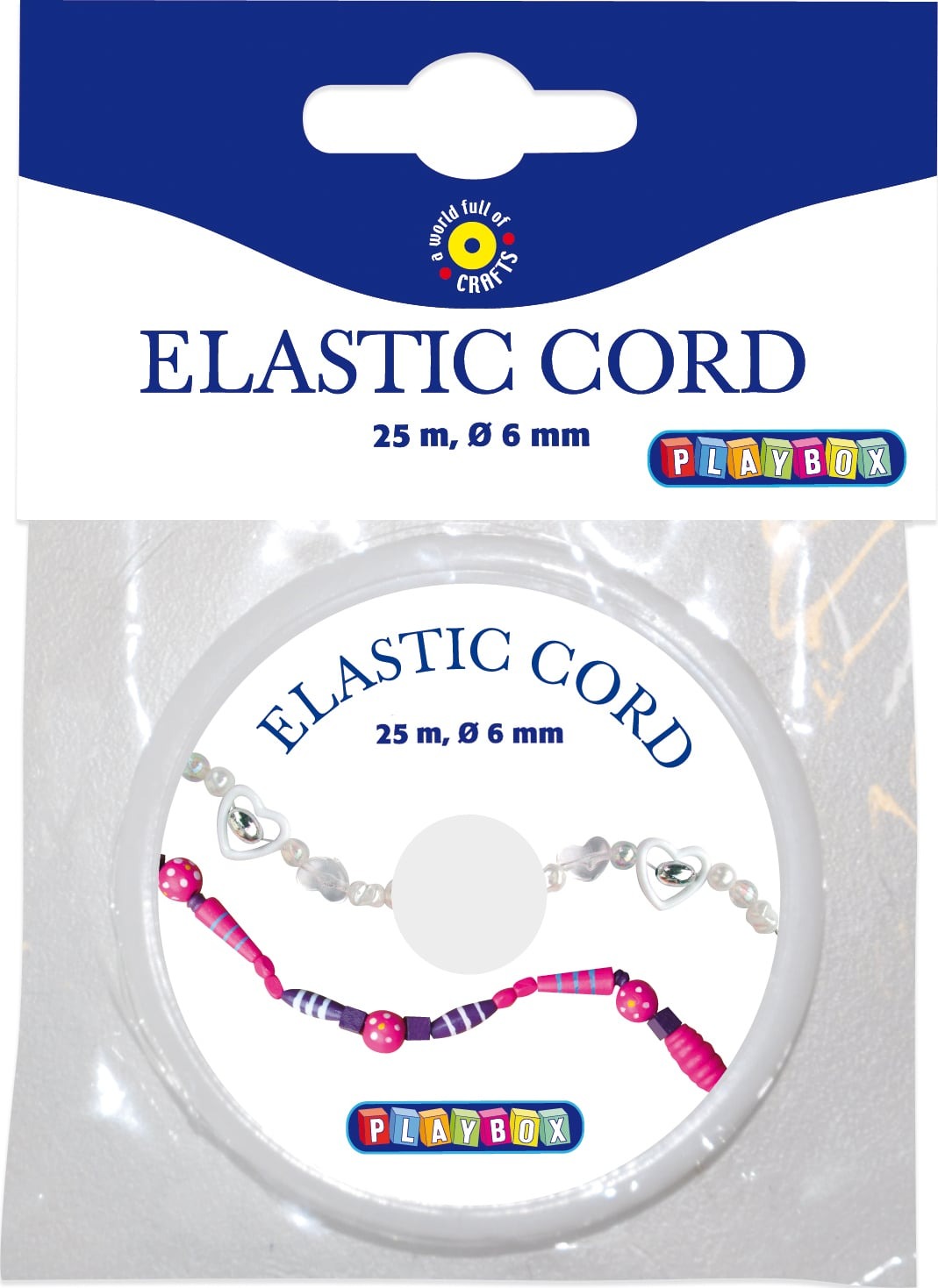 Verpackung mit elastischem Band in weiß. Länge 25 Meter, Durchmesser 6 mm.