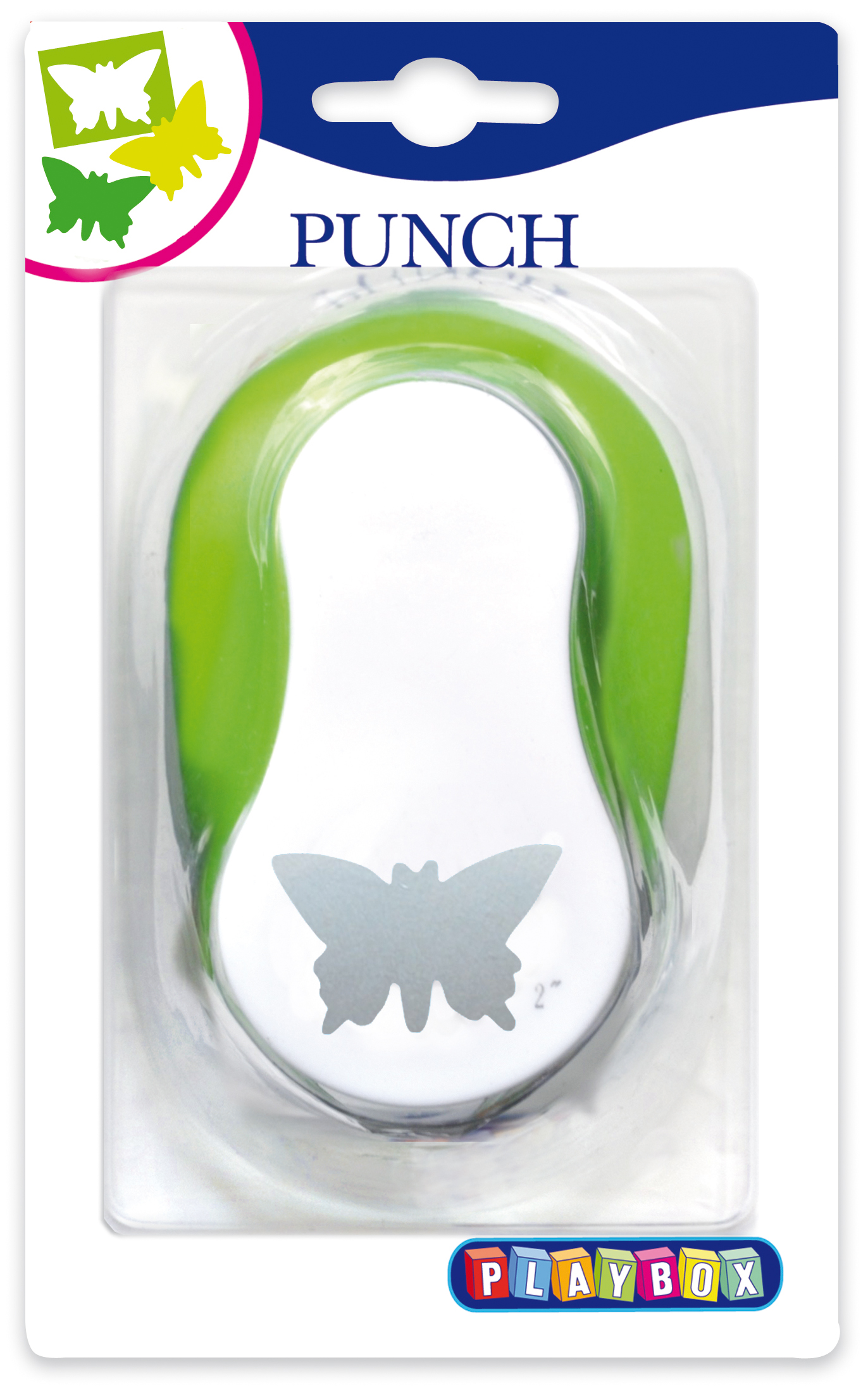 Papierlocher in Form eines Schmetterlings. Grüne Griffe, transparente Verpackung. Größe: 2 Zoll.