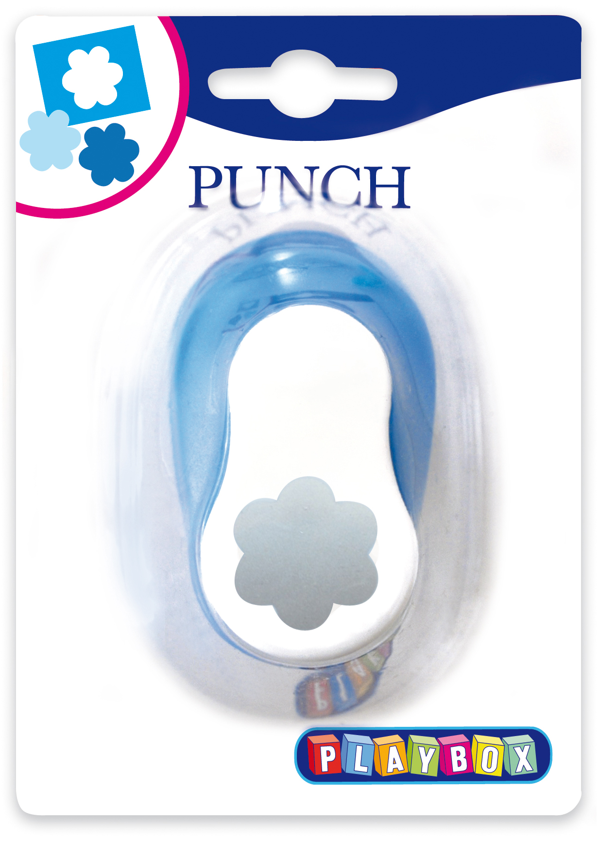 Stanzgerät in blauer Farbe mit Blumenmotiv. Verpackung zeigt verschiedene Blumenformen.