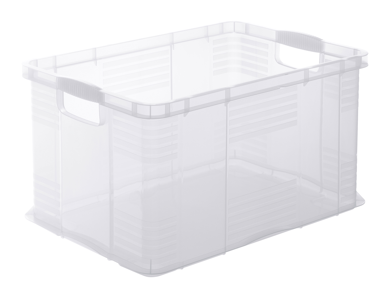 Transparente Kunststoffbox mit rechteckiger Form. Hat zwei seitliche Griffe zum Tragen.