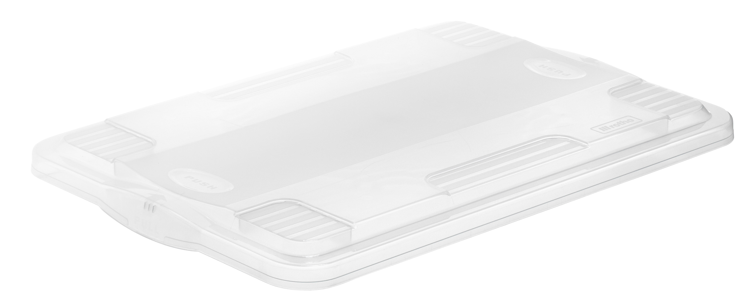 Transparente Aufbewahrungsbox mit flachem Deckel. Eignet sich für verschiedene Gegenstände.