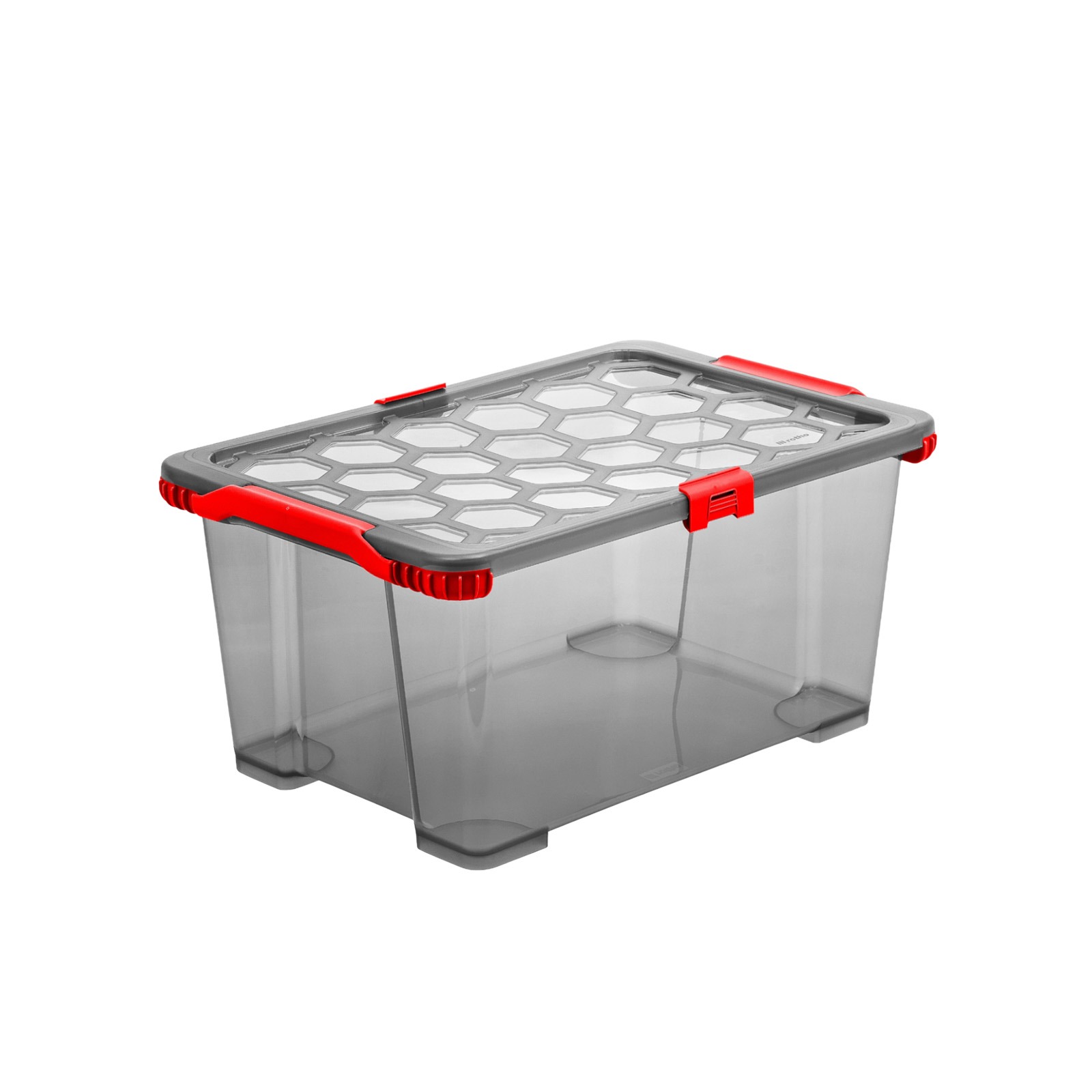 Transparente Aufbewahrungsbox mit rotem Deckel und Griffen. Rechteckige Form mit einem Gittermuster auf dem Deckel.