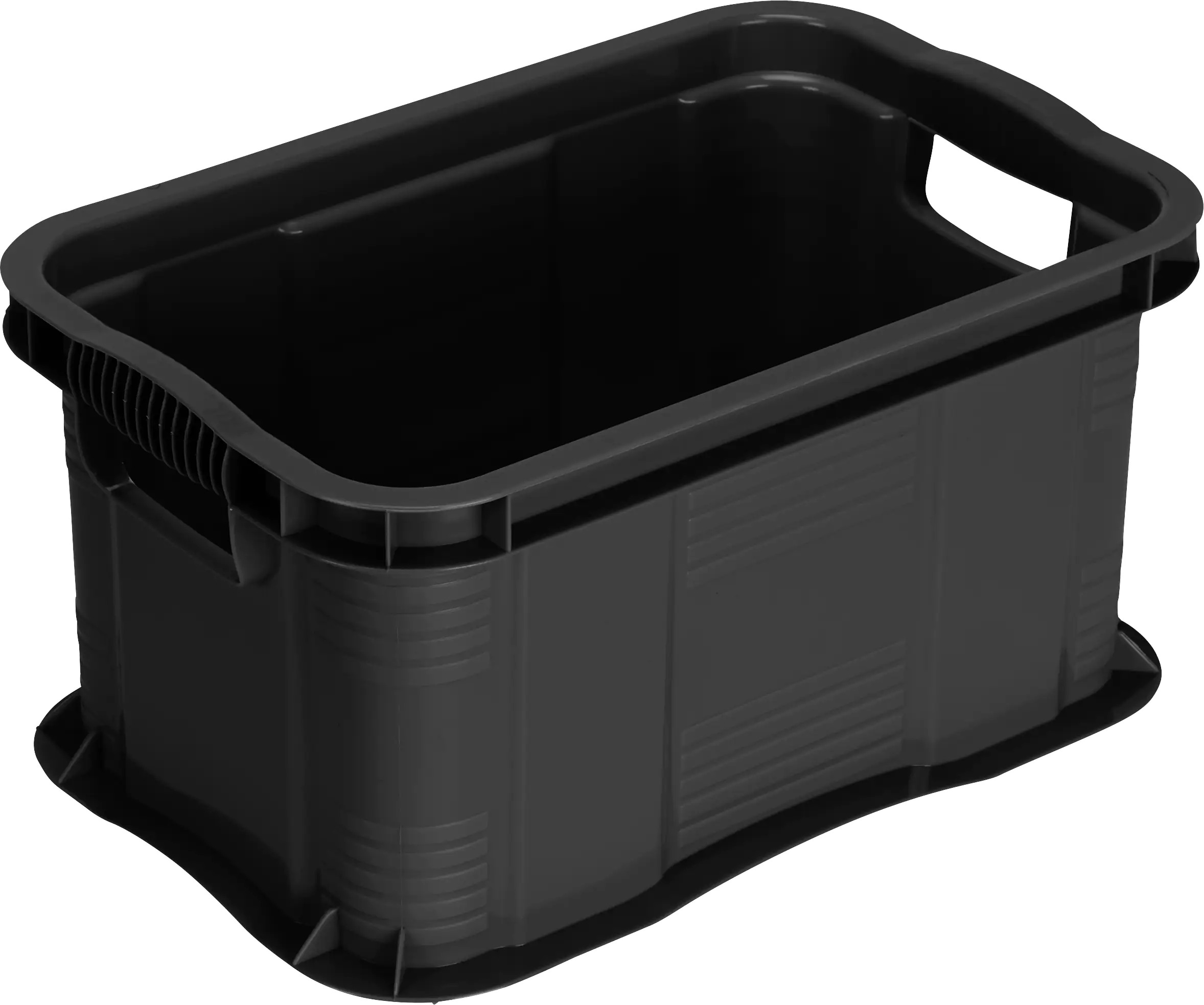 Schwarze Kunststoffbox mit rechteckiger Form. Sie hat zwei seitliche Griffe.
