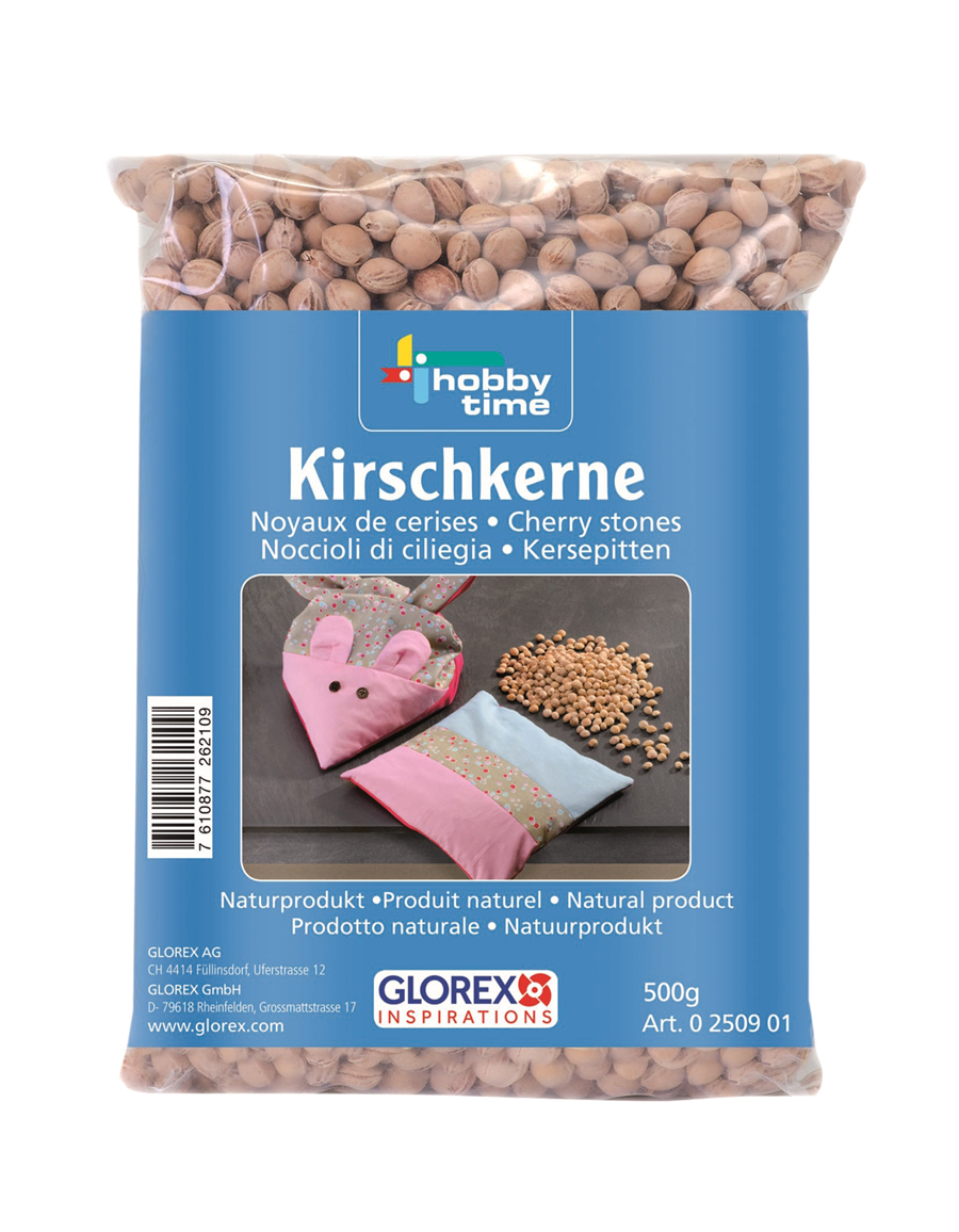 Tüte mit Kirschkernen. Verpackung zeigt zwei kleine Kissen in Form von Mäusen.