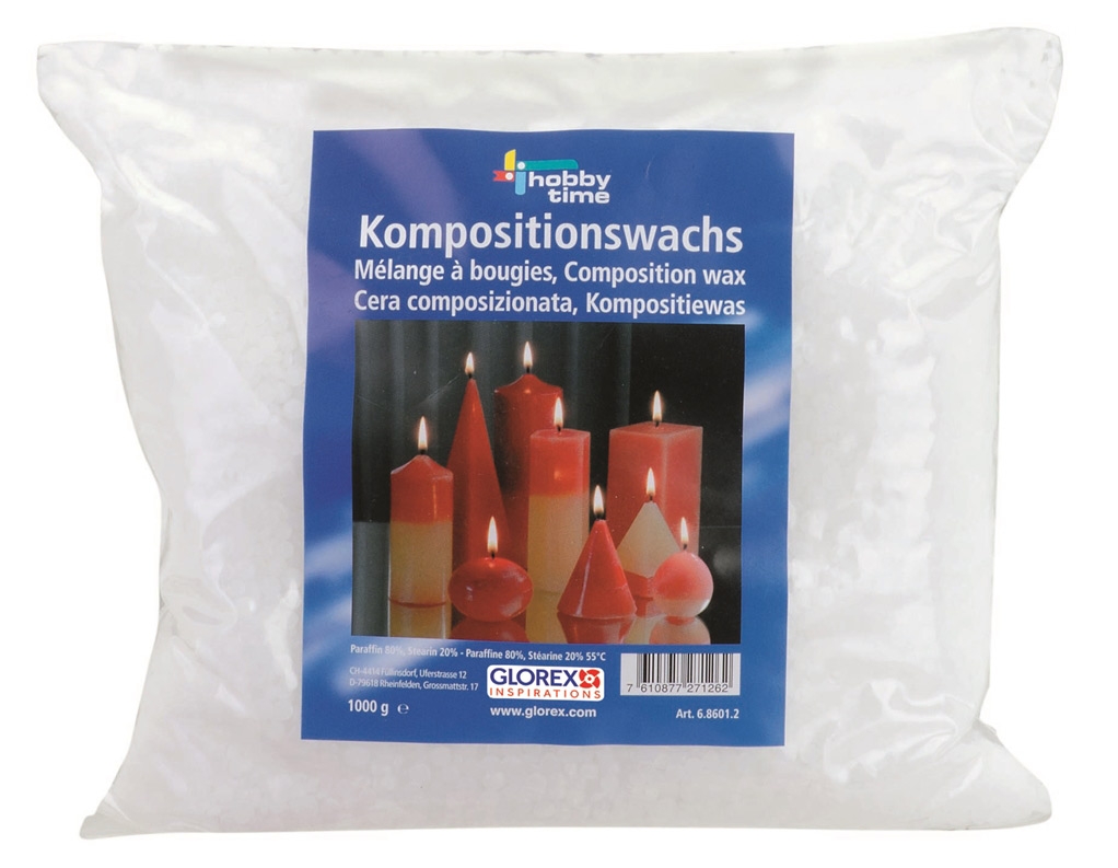 Verpackung mit Kompositionswachs für Kerzenherstellung. Enthält weiße Wachskügelchen.