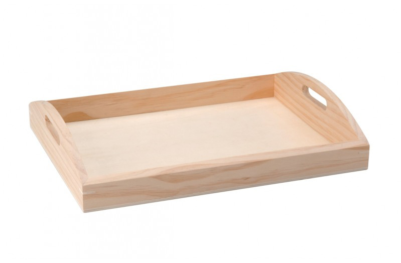 Holztablett mit zwei Griffen. Flache Oberfläche, helles Holz.
