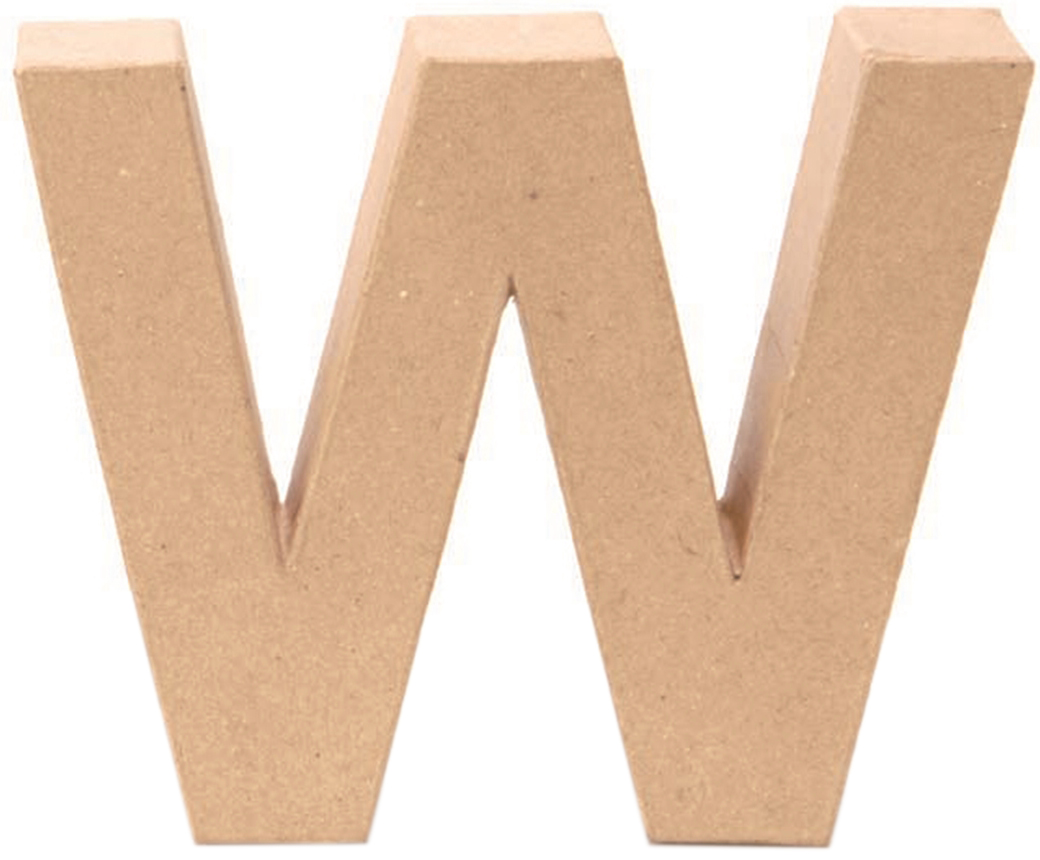 Dreidimensionaler Buchstabe W aus Pappe. Farbe ist braun und unbemalt.