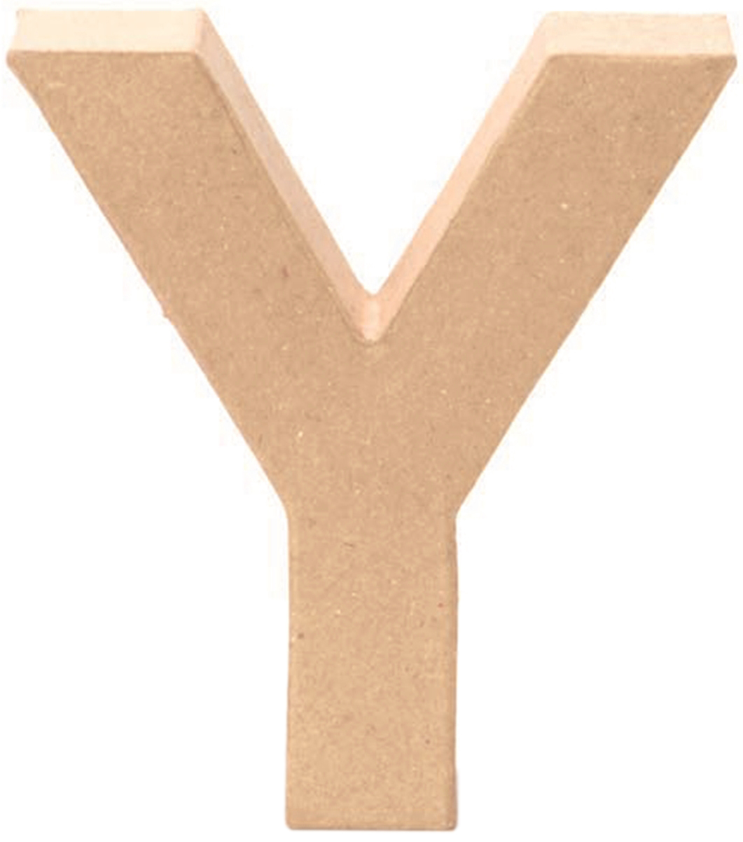 Buchstabe Y aus braunem, unbemaltem Material. Dreidimensional, flach auf einer Seite.