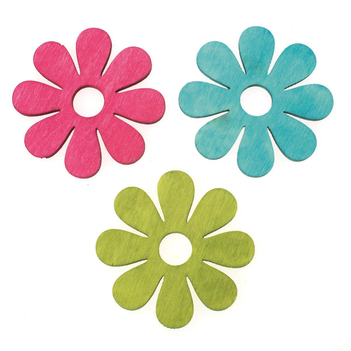 Drei bunte Blumen aus Papier. Farben: pink, blau und grün.