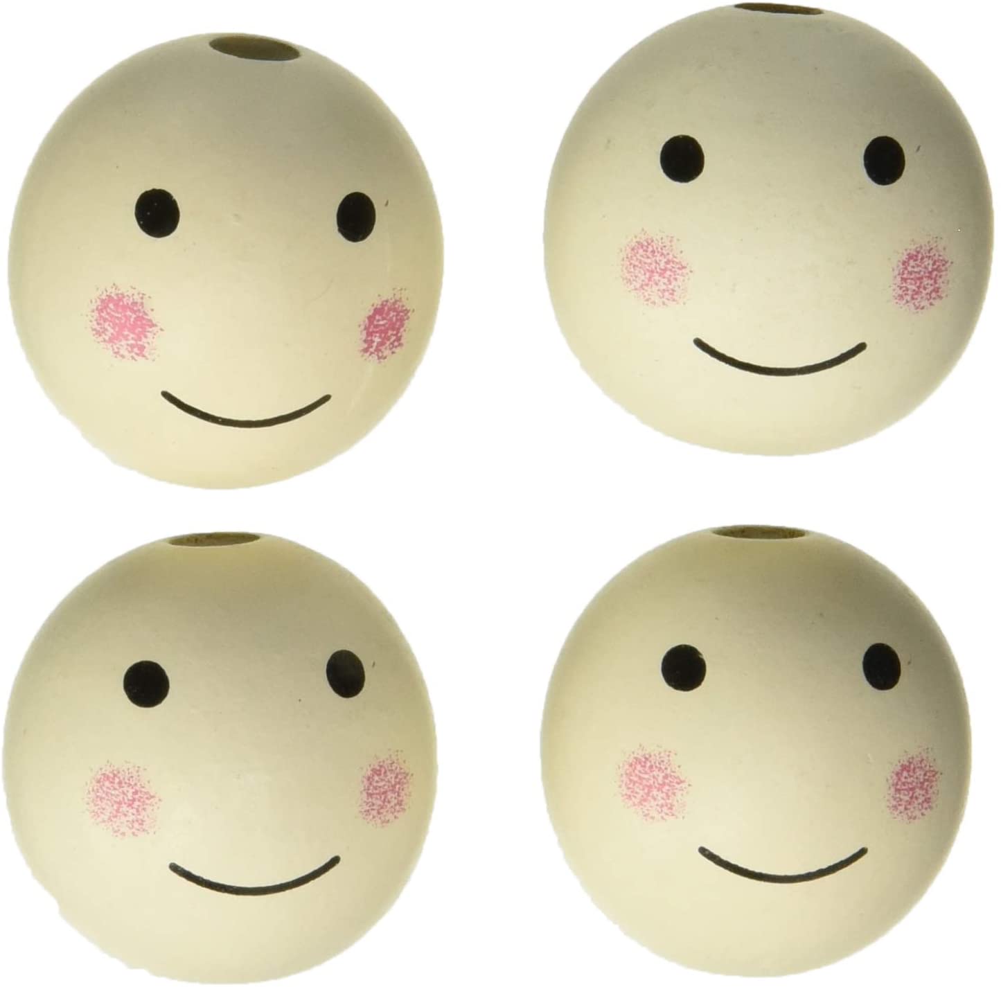 Vier runde, helle Kugeln mit lächelnden Gesichtern. Jede Kugel hat schwarze Augen und rosa Wangen.