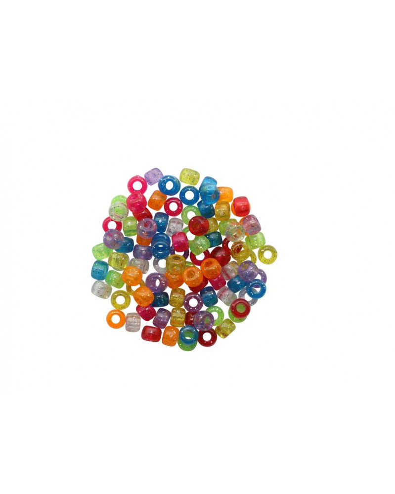 Bunte, durchsichtige Perlen in verschiedenen Formen. Farben: rot, grün, blau, gelb, orange, lila. Rund und quadratisch, glänzende Oberfläche.