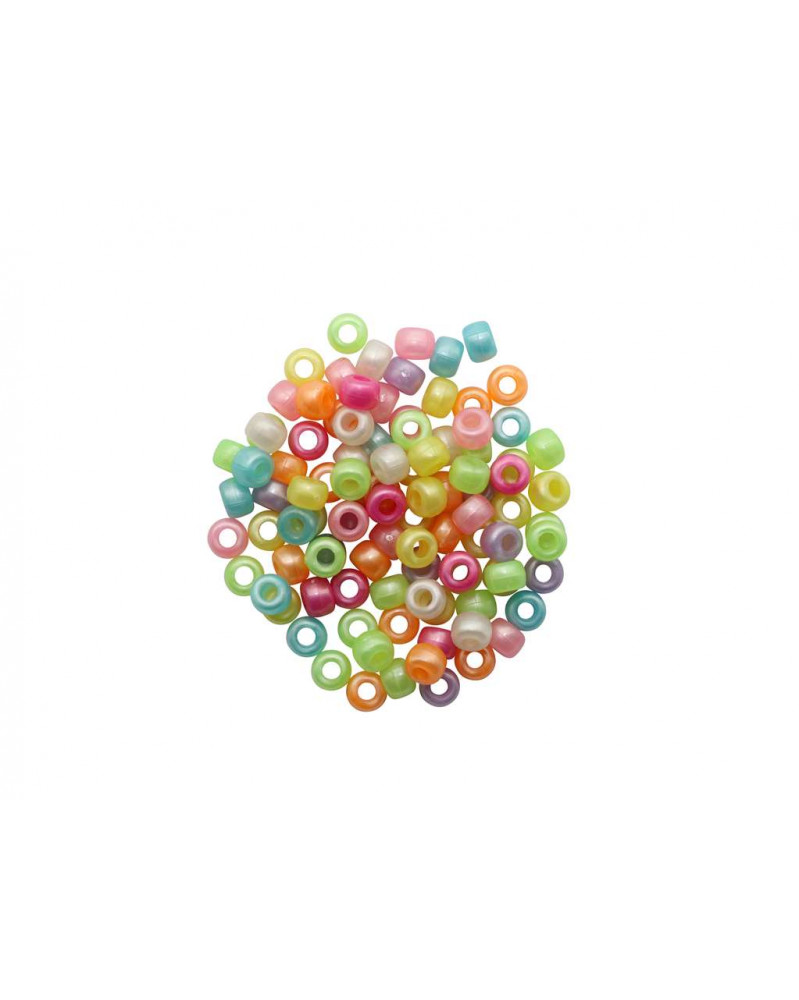Bunte Perlen in verschiedenen Farben und Größen. Rund mit einem Loch in der Mitte.