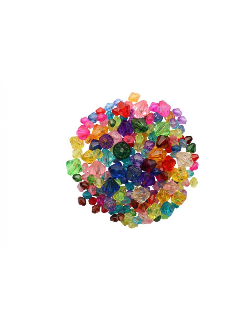 Bunte, glitzernde Kunststoffsteine in verschiedenen Formen und Farben. Sie sind in einer zufälligen Anordnung angeordnet.