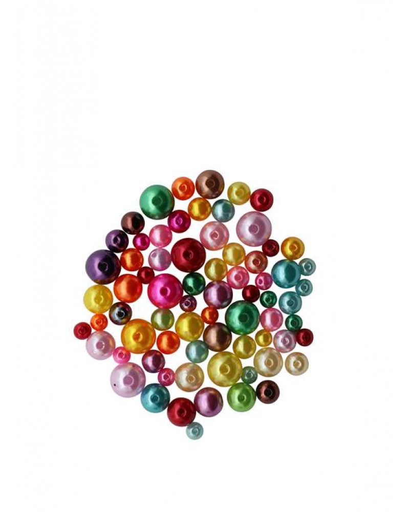 Bunte Perlen in verschiedenen Größen. Farben: Rot, Blau, Grün, Gelb, Lila, Rosa. Glänzende Oberfläche, rundlich.