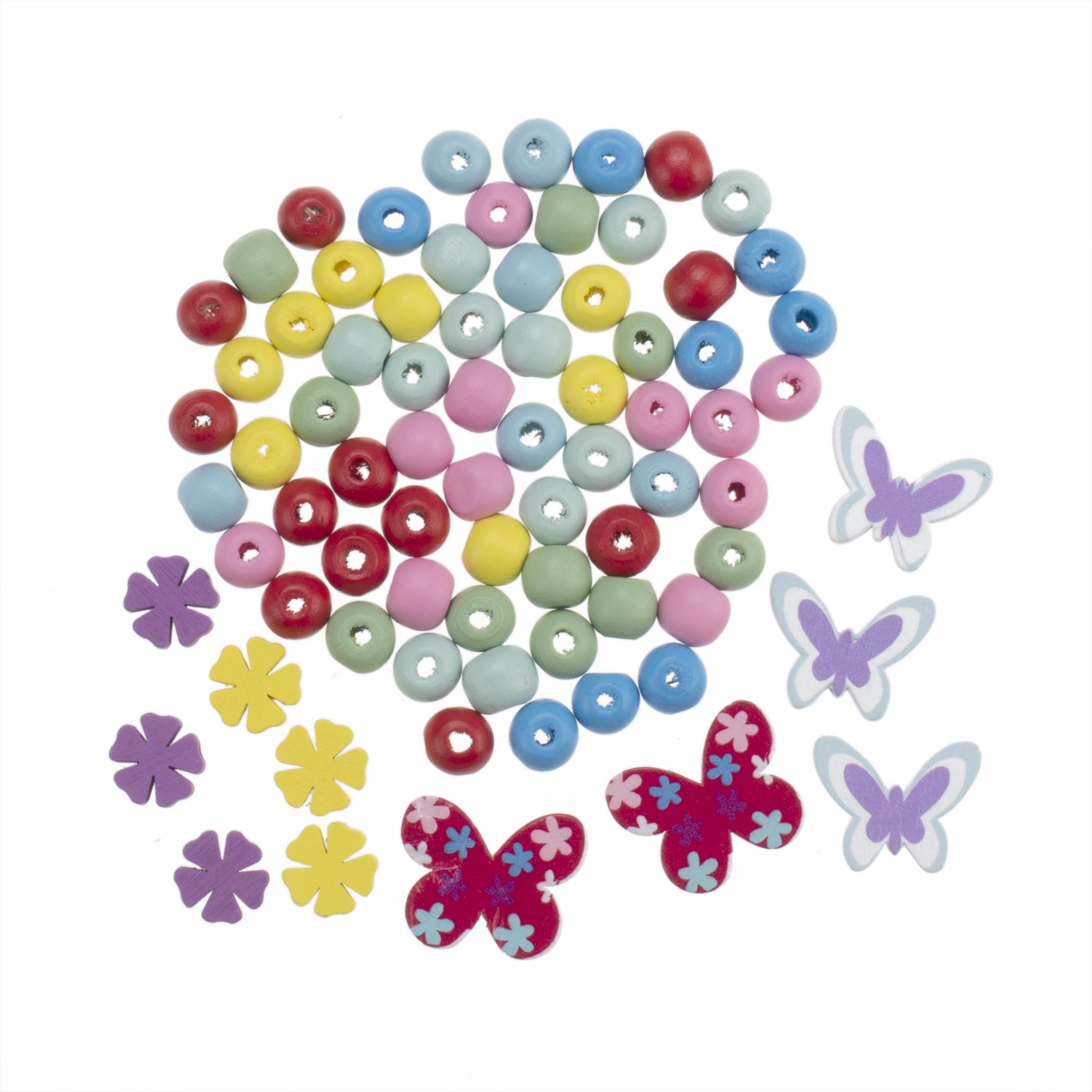 Bunte Holzperlen in verschiedenen Farben und Formen. Dazu flache Blumen- und Schmetterlingsfiguren.