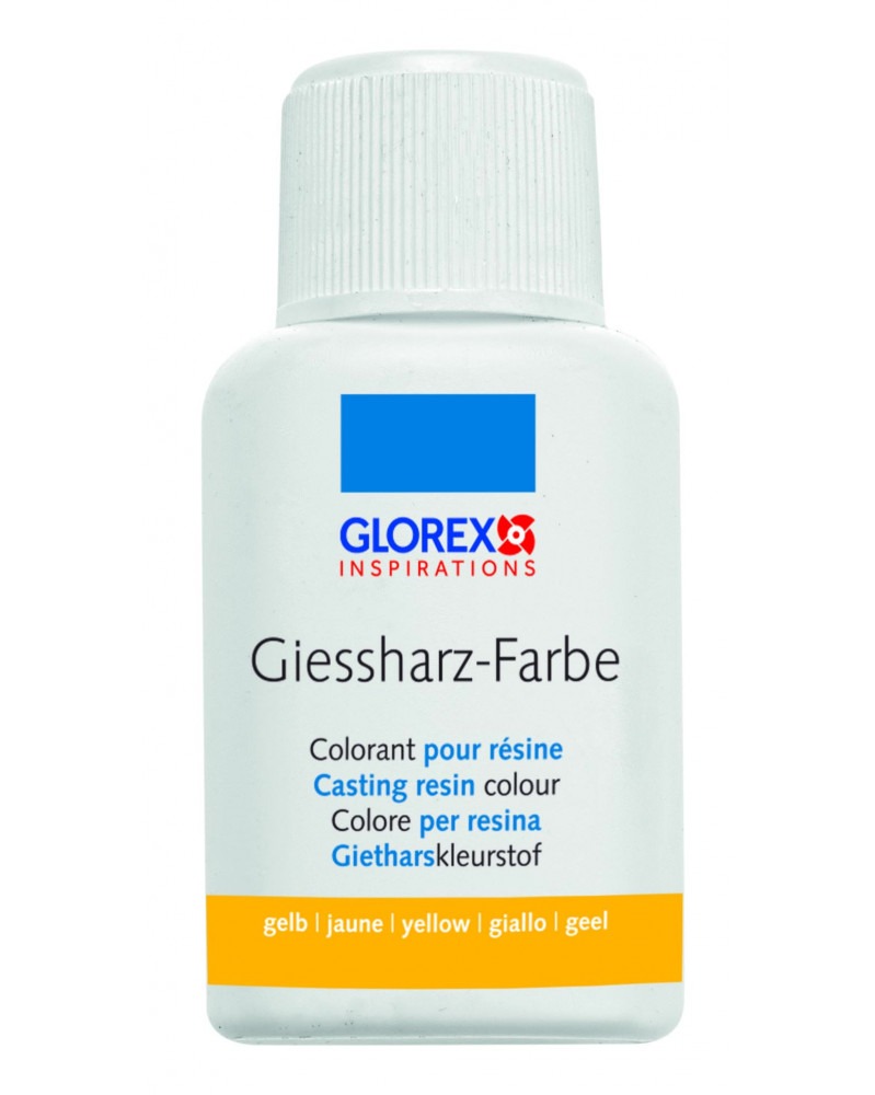 Flasche mit Giessharz-Farbe in gelb. Beschriftung in mehreren Sprachen.