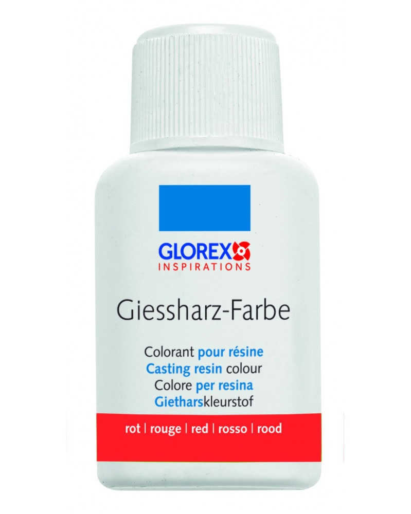 Flasche mit Gießharzfarbe. Aufschrift in mehreren Sprachen, rot als Hauptfarbe.