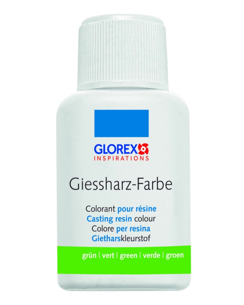 Flasche mit Castingharzfarbe in grün. Auf dem Etikett sind mehrere Sprachen für die Farbbezeichnung.