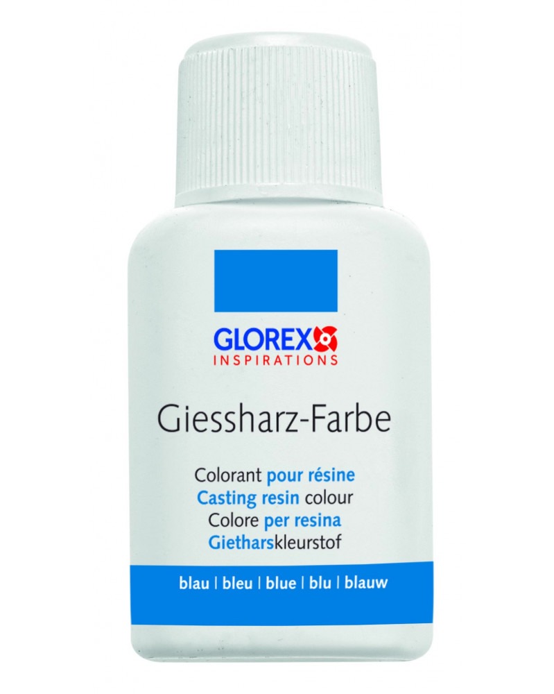 Flasche mit Gießharzfarbe in blau. Auf dem Etikett sind verschiedene Sprachen für die Anwendung angegeben.