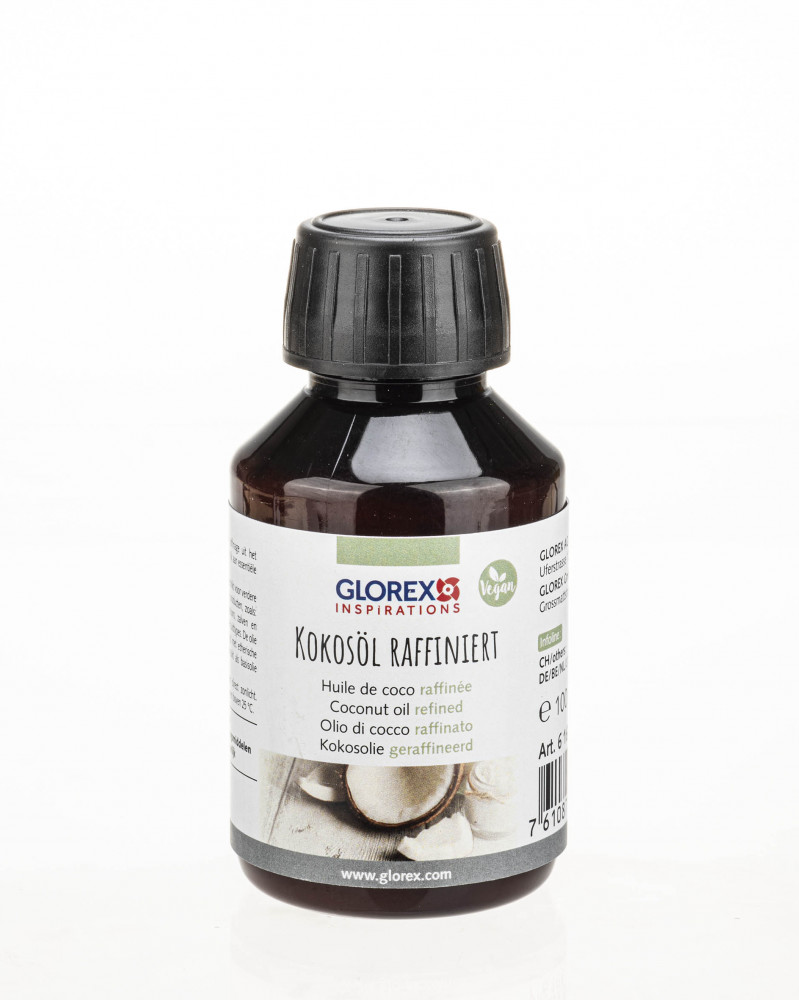 Eine braune Flasche mit schwarzem Deckel. Beschriftung mit dem Text 'Kokosoel raffiniert' in mehreren Sprachen.