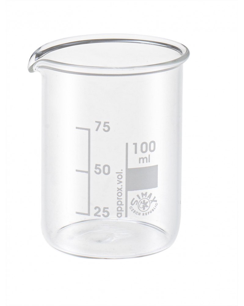 Glasbecher mit einem Fassungsvermögen von 100 ml. Markierungen für 25, 50, 75 und 100 ml sind sichtbar.