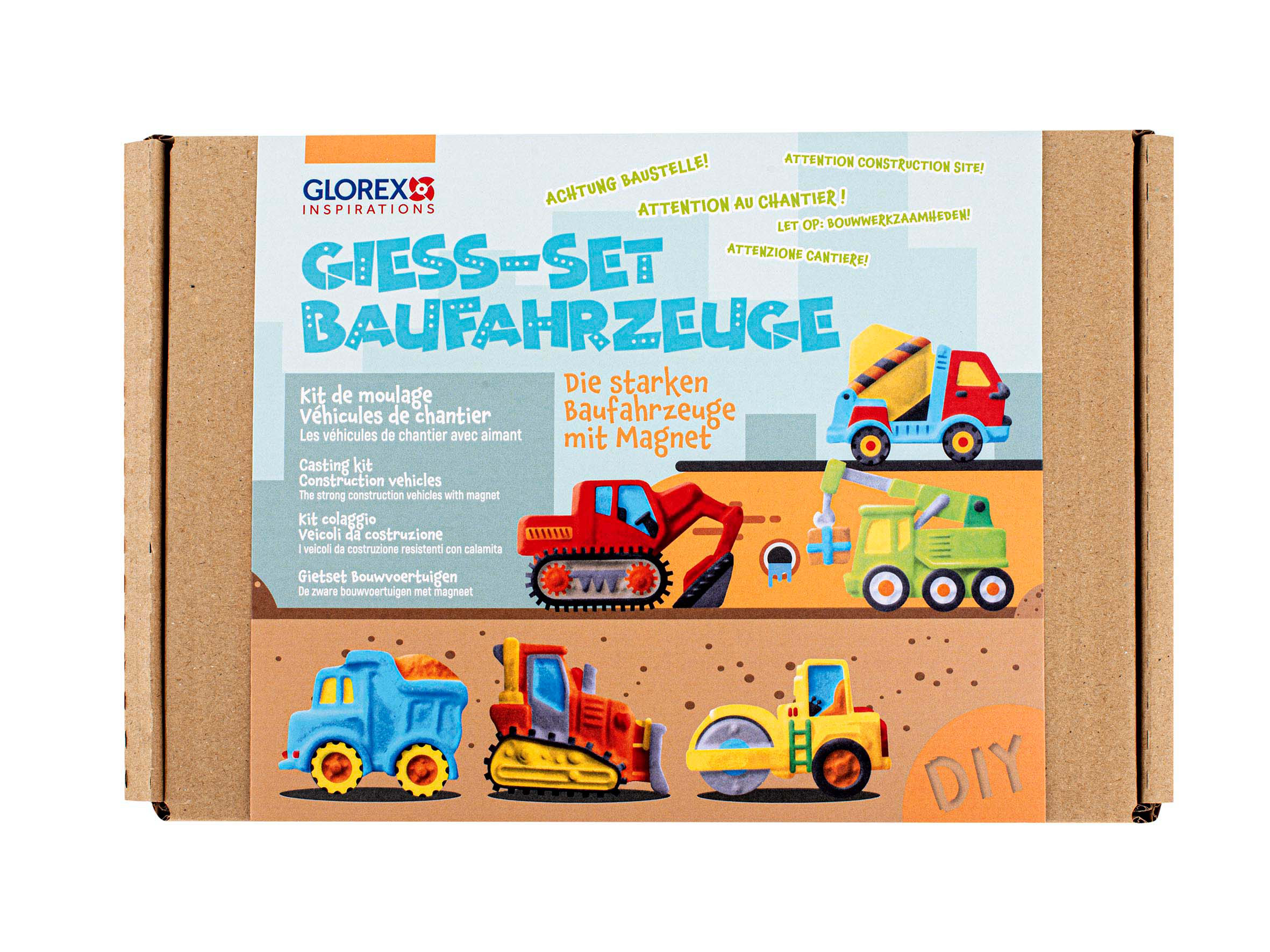 Kartonverpackung für ein Gießset mit Baufahrzeugen. Bunte Illustrationen von verschiedenen Baustellenfahrzeugen.