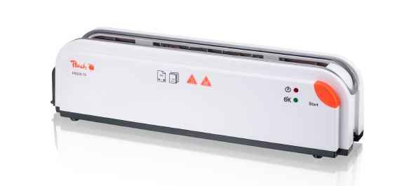 Laminiergerät in Weiß mit orangefarbenem Startknopf. Zeigt Statusanzeigen für Betrieb und Fehler.
