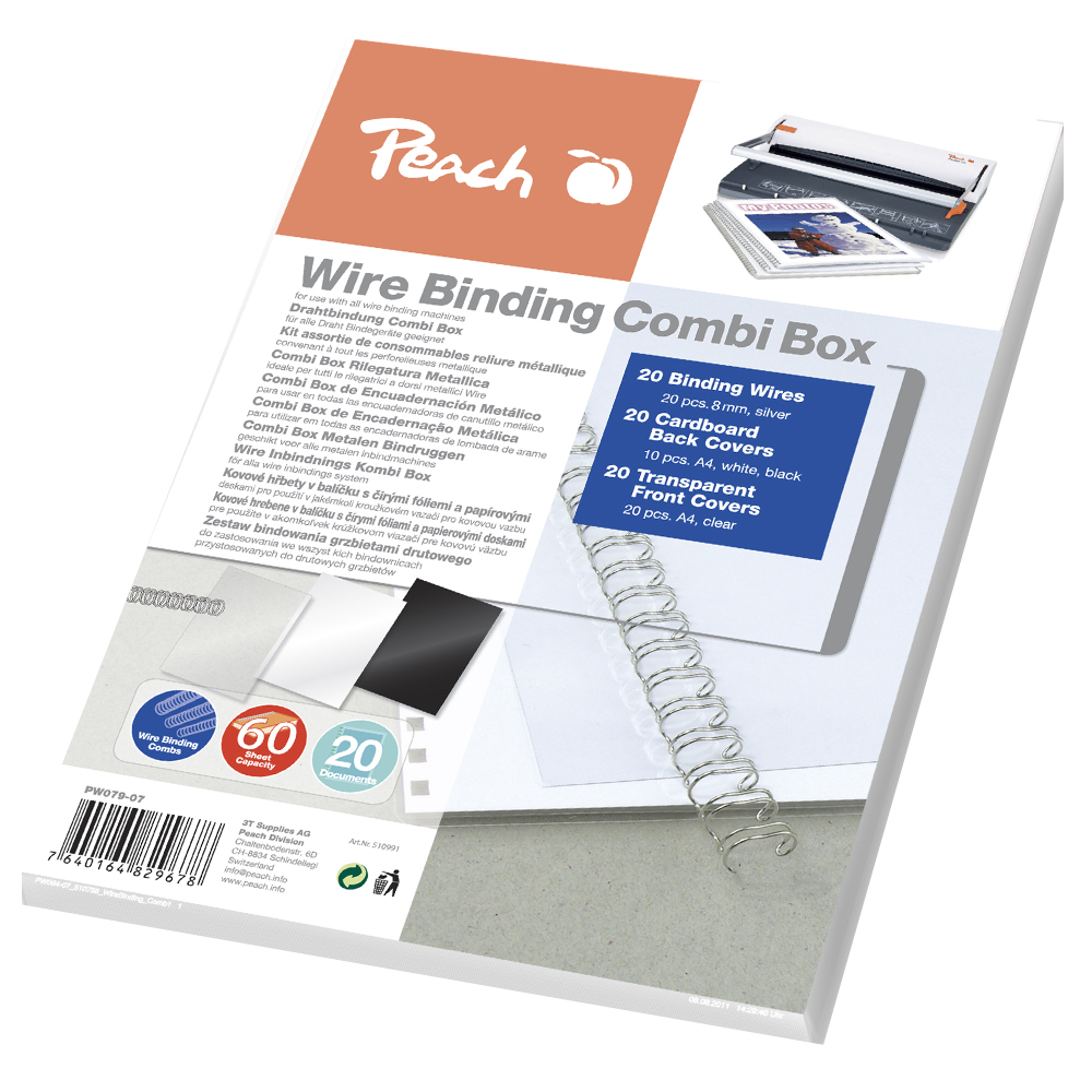 Packung mit Wire Binding Combi Box. Enthält 20 silberne Bindeblätter, 10 schwarze und weiße Rückencover, 20 transparente Frontcover. Für A4-Dokumente geeignet.