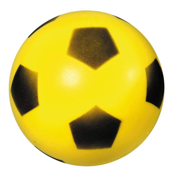 Gelbe Fußball mit schwarzen Pentagons. Rund und weich.