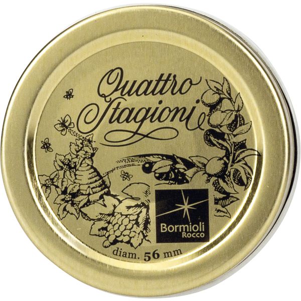 Goldene Einmachglasdeckel mit dem Schriftzug 'Quattro Stagioni'. Dekorative Motive wie Blumen und Bienen. Durchmesser 56 mm.
