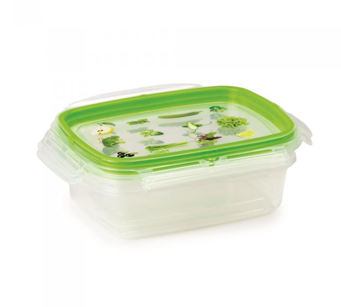 rechteckige, transparente Aufbewahrungsbox mit grünem Deckel. Abgebildete Gemüse und Obst auf dem Deckel. Verschlussclips an den Seiten.