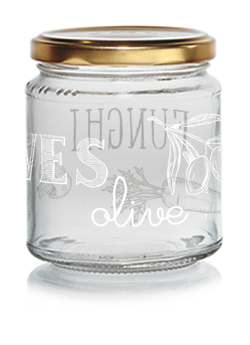 Glasbehälter mit goldenem Deckel. Beschriftung mit dem Wort 'olive' und Illustrationen von Oliven.
