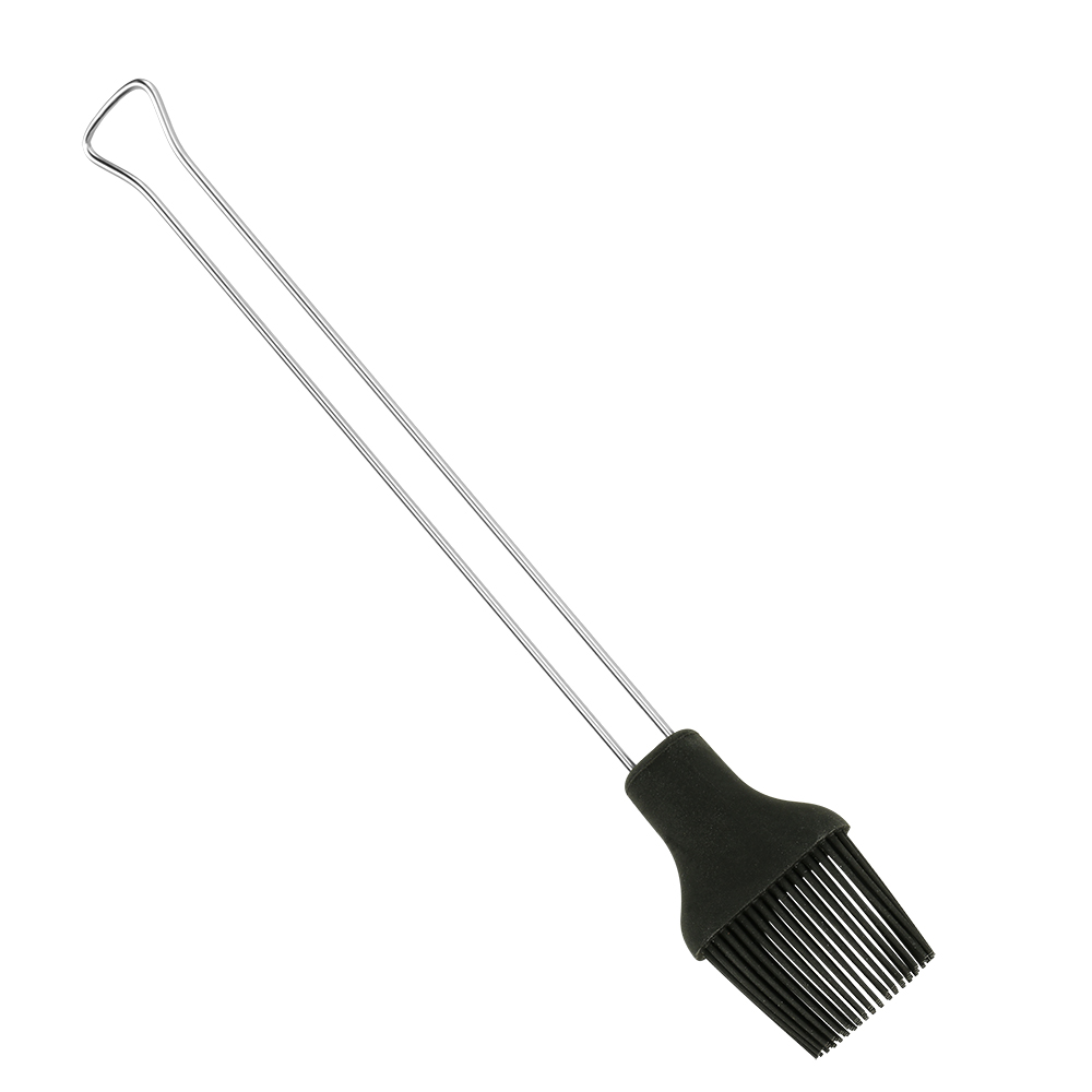 Grillbürste mit langen, dünnen Borsten. Metallgriff mit schwarzem Gummigriff. Ideal zum Reinigen von Grillrosten.