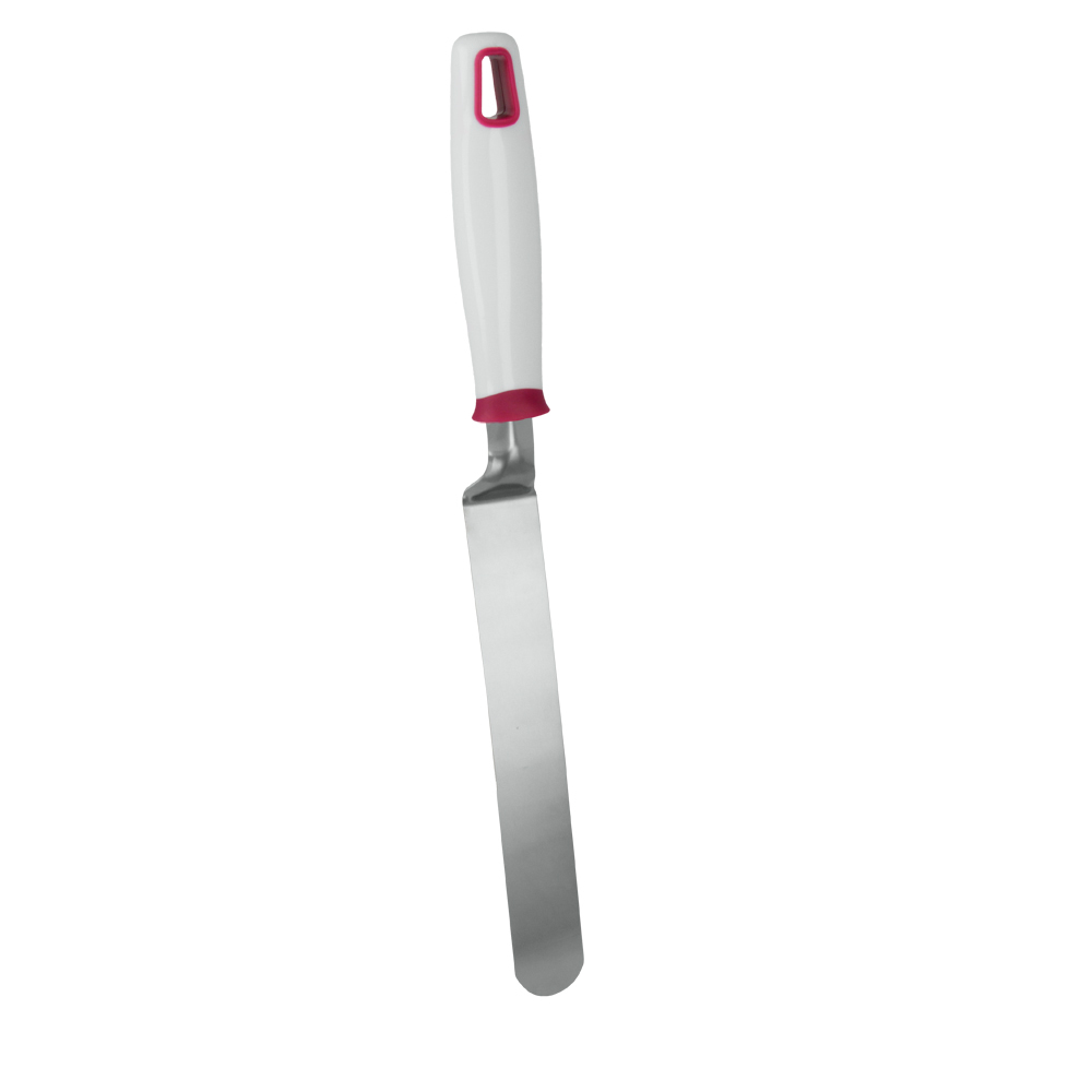 Edelstahlpalette mit einem weißen Griff und pinken Akzenten. Flache, breite Klinge für das Verteilen von Lebensmitteln.
