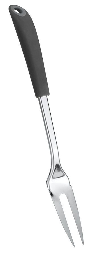 Edelstahl-Gabel mit zwei spitzen Zinken. Der Griff ist schwarz und ergonomisch geformt.