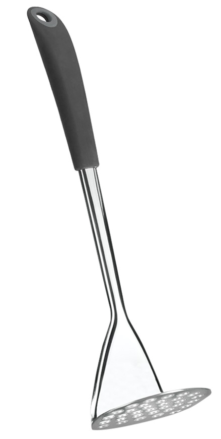 Küchenhelfer, flacher Metalllöffel mit Löchern. Langer Griff, schwarzer Gummiüberzug. Ideal zum Wenden oder Servieren.