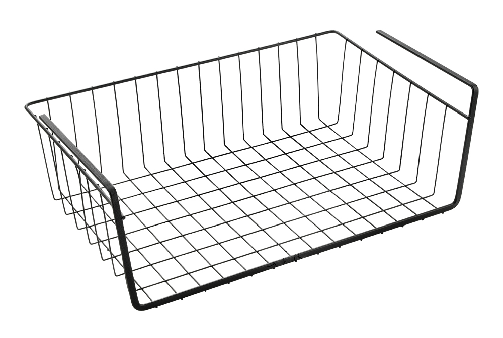 Drahtkorb in rechteckiger Form. Schwarz, offen, mit stabilen Seiten.