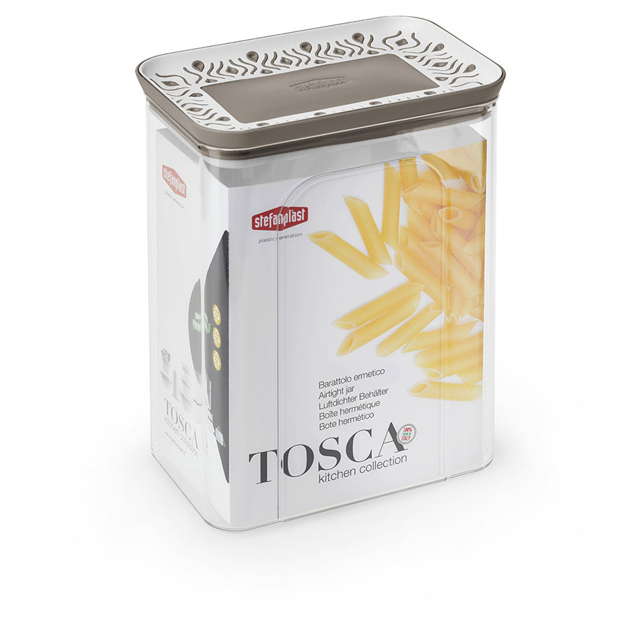 transparenter Aufbewahrungsglas mit braunem Deckel. Geeignet für trockene Lebensmittel wie Pasta.