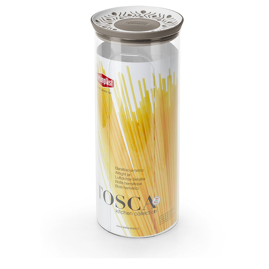 Durchsichtiger Behälter für Spaghetti mit luftdichtem Deckel. Auf der Verpackung sind Spaghetti abgebildet.