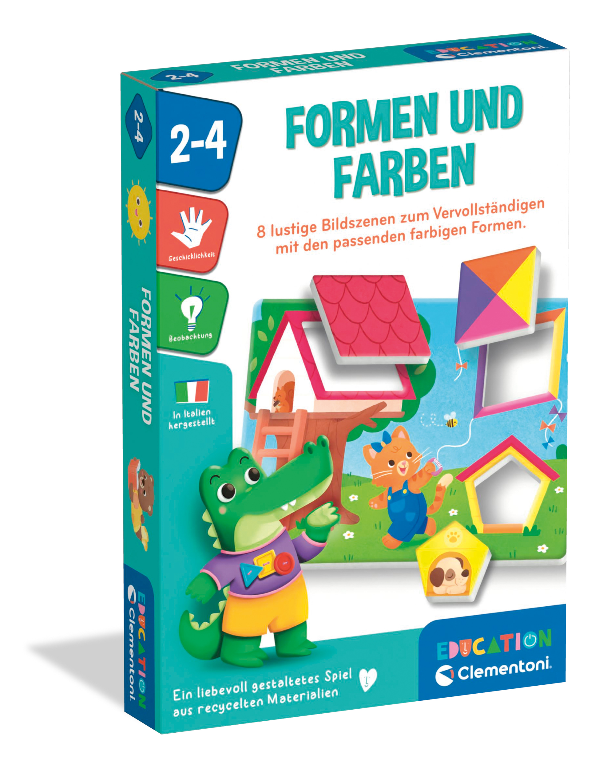 Spielverpackung mit dem Titel 'Formen und Farben'. Enthält bunte Formen und Illustrationen von Tieren.