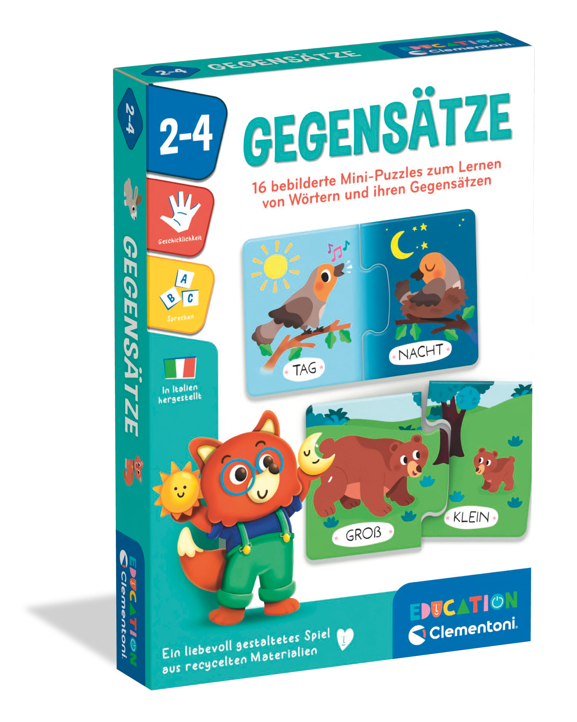 Spielverpackung für Mini-Puzzles mit dem Titel 'Gegensaetze'. Illustrationen von Tieren und Wörtern wie Tag, Nacht, groß und klein.