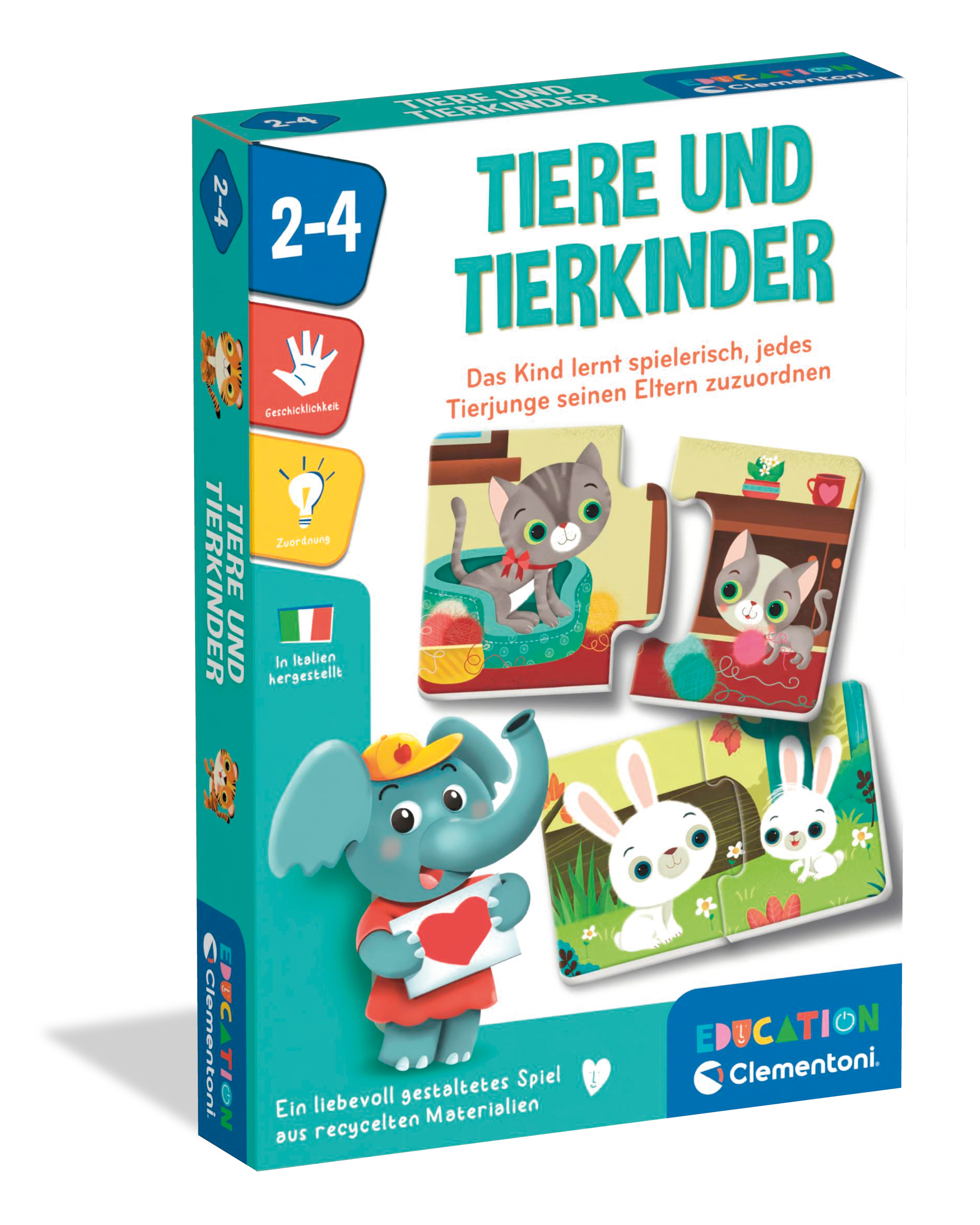 Spielbox mit dem Titel 'Tiere und Tierkinder'. Enthält bunte Illustrationen von Tieren und ihren Jungen.