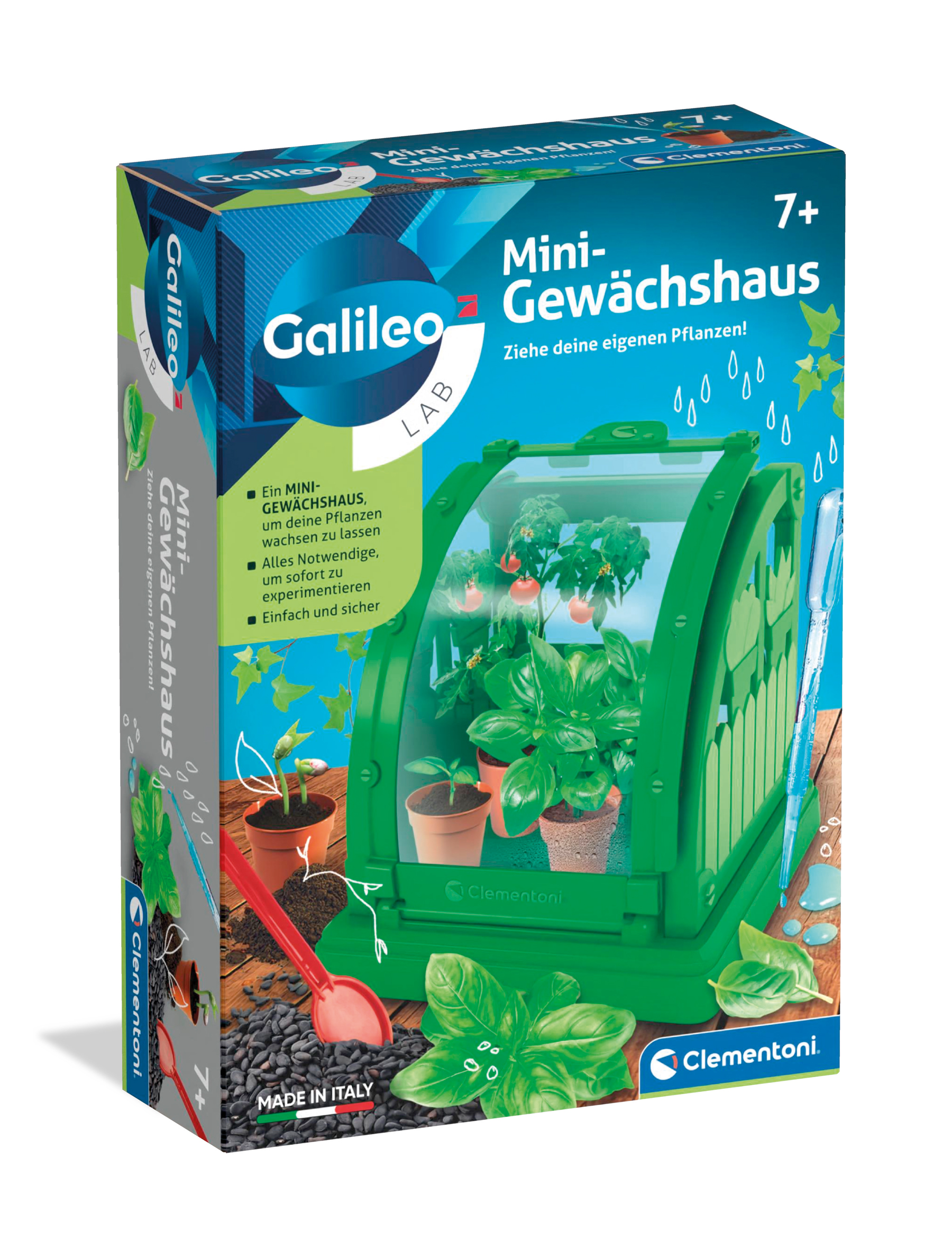 Mini-Gewächshaus in grün mit Pflanzen und Töpfen. Enthält Zubehör zum Pflanzen und Experimentieren.